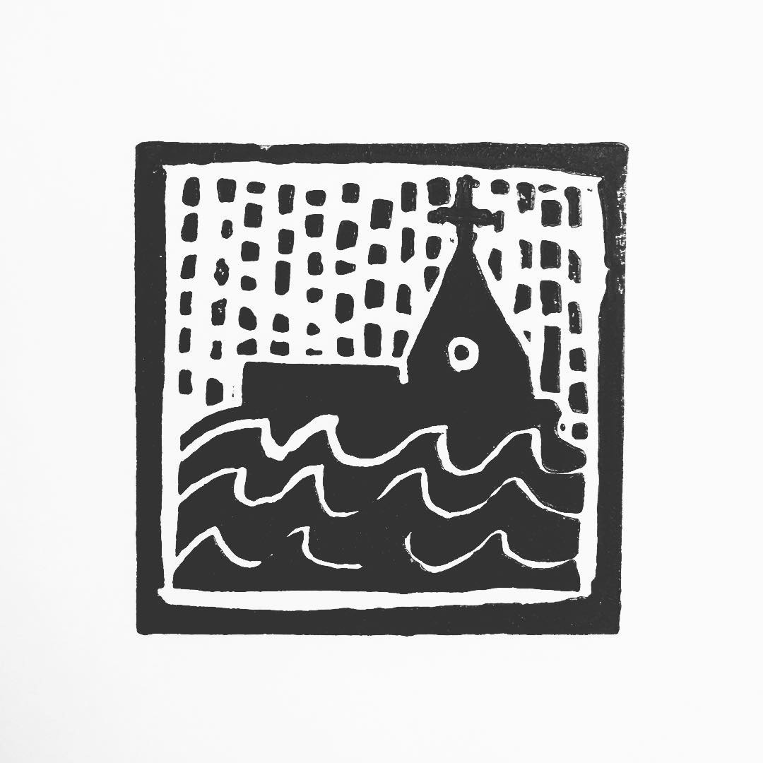 Lino print: a church with a spire and cross half-submerged in waves, rain falling from a brick-patterned sky