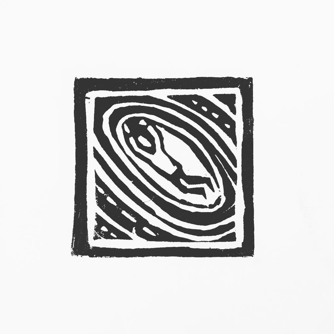 Lino print: a falling figure at the centre of concentric rings, like ripples closing over it