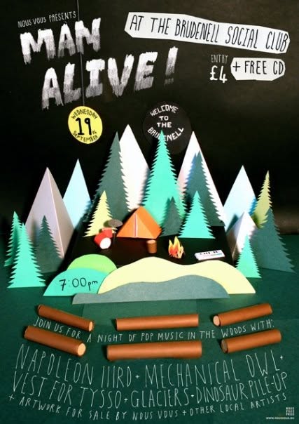 Cut-paper poster for Man Alive at the Brudenell Social Club, with Napoleon IIIrd, Mechanical Owl, Vest for Tysso, Glaciers and Dinosaur Pile-Up on the bill